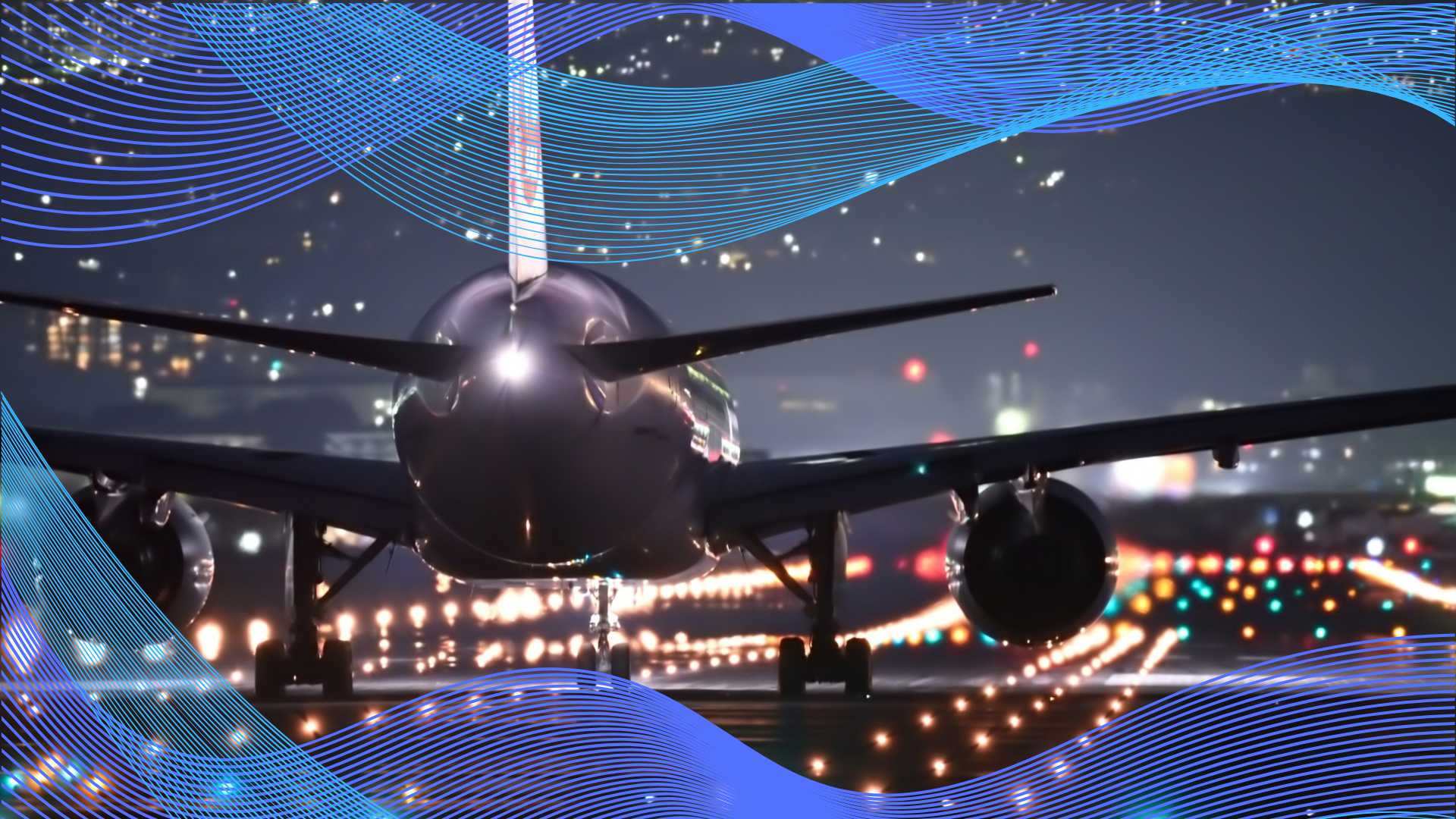 Plane landing at dusk with runway lights