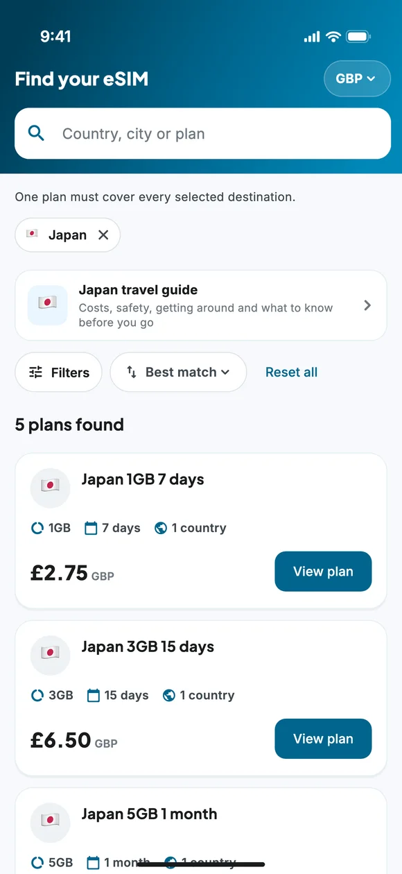 GrabaSIM plan finder screen