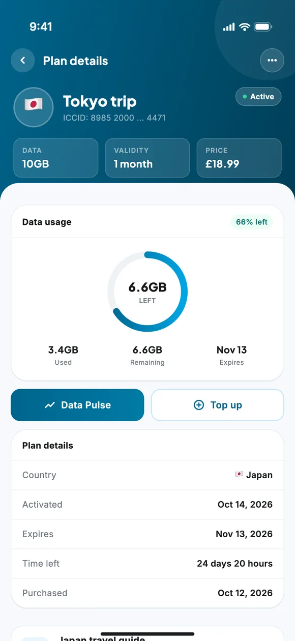 GrabaSIM app showing remaining travel data and plan validity